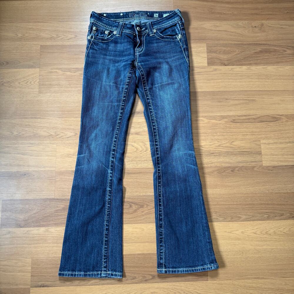 Women's Vintage Y2k Miss Me Boot Cut Embellished Denim Dark Blue Jeans 26 x 30